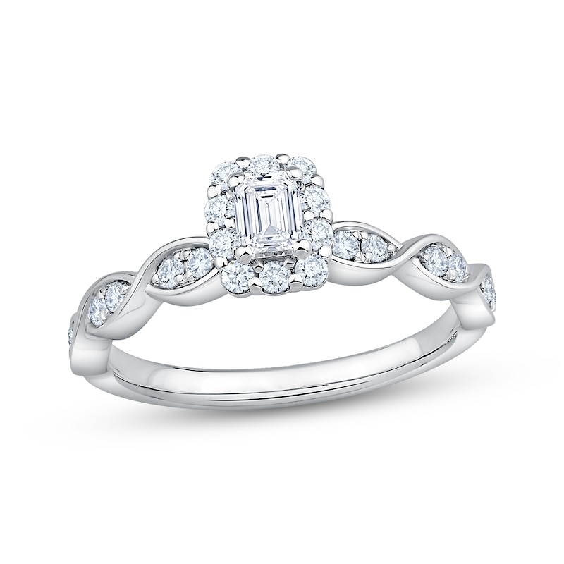 Main Image 1 of Adore Emerald-Cut Diamond Halo Engagement Ring 1/2 ct tw 14K White Gold