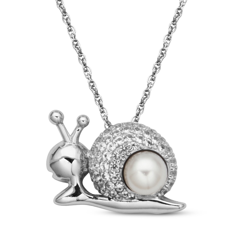 Main Image 1 of Cultured Pearl & White Lab-Created Sapphire Snail Necklace Sterling Silver 18"