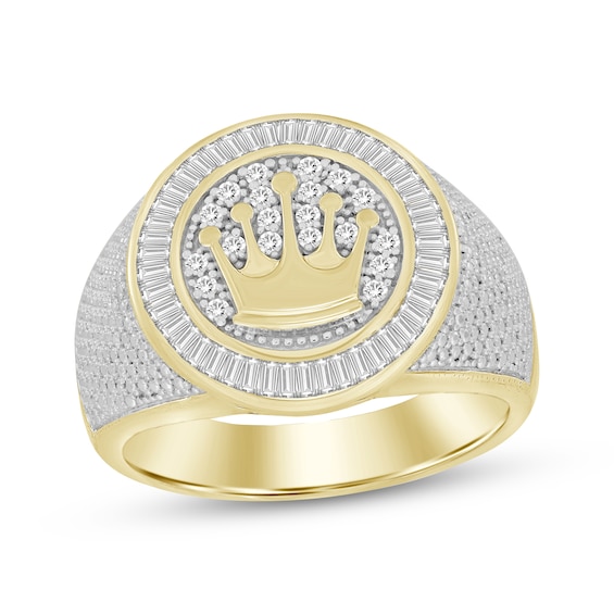 Men’s Baguette & Round-Cut Diamond Crown Signet Ring 1/2 ct tw 10K Yellow Gold