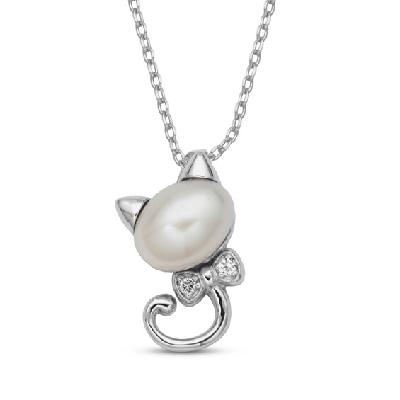Cultured Pearl & White Lab-Created Sapphire Necklace Sterling Silver 18"