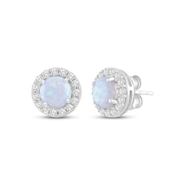 Lab-Created Opal & White Lab-Created Sapphire Halo Stud Earrings Sterling Silver