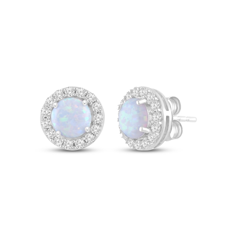 Main Image 1 of Lab-Created Opal & White Lab-Created Sapphire Halo Stud Earrings Sterling Silver