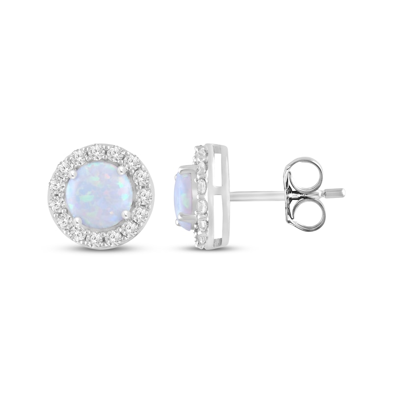 Main Image 3 of Lab-Created Opal & White Lab-Created Sapphire Halo Stud Earrings Sterling Silver