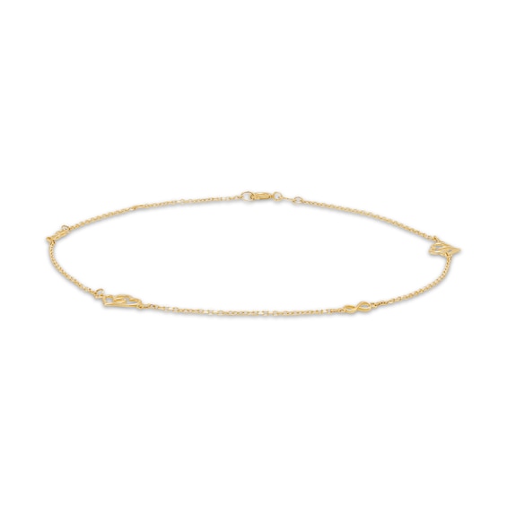 Interlocking Hearts & Infinity Symbol Station Anklet Solid 10K Yellow Gold 10"