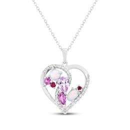 Multi-Shape Lab-Created Ruby, Lab-Created Opal, Pink & White Lab-Created Sapphire Heart Necklace Sterling Silver 18"
