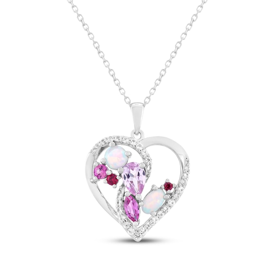 Multi-Shape Lab-Created Ruby, Lab-Created Opal, Pink & White Lab-Created Sapphire Heart Necklace Sterling Silver 18"