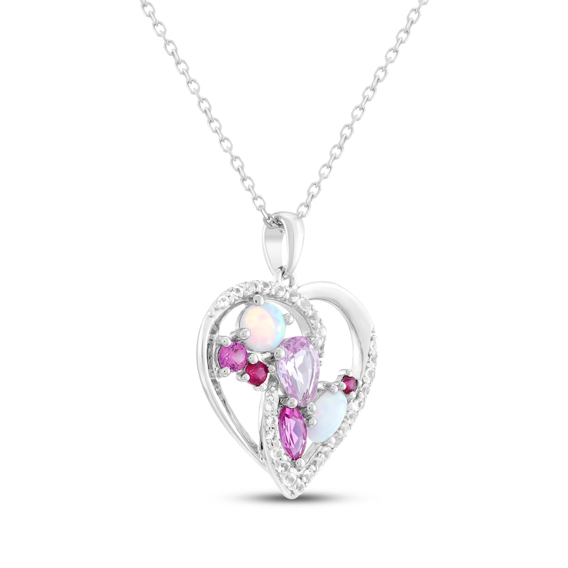 Main Image 2 of Multi-Shape Lab-Created Ruby, Lab-Created Opal, Pink & White Lab-Created Sapphire Heart Necklace Sterling Silver 18"