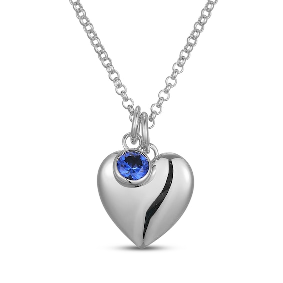 Blue Lab-Created Sapphire & Puff Heart Charm Toggle Necklace Sterling Silver 18"