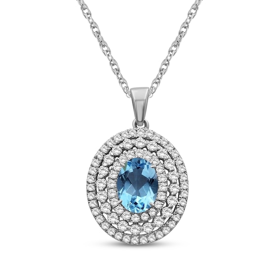 Oval-Cut Swiss Blue Topaz & White Lab-Created Sapphire Triple Halo Necklace Sterling Silver 18"