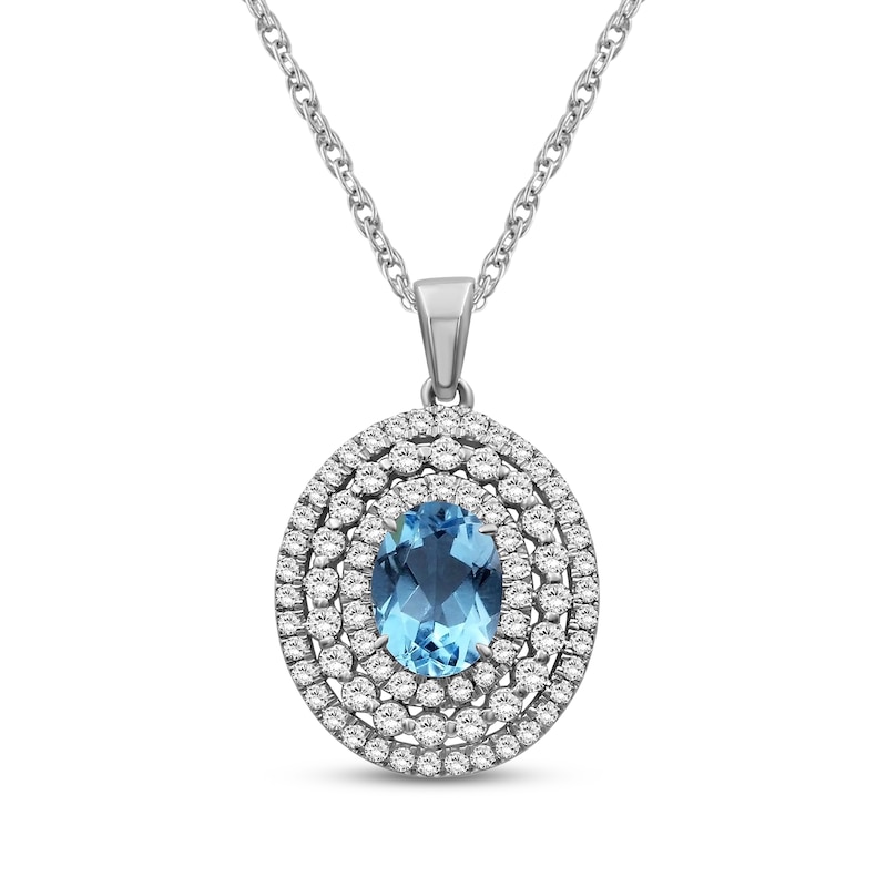 Main Image 1 of Oval-Cut Swiss Blue Topaz & White Lab-Created Sapphire Triple Halo Necklace Sterling Silver 18"