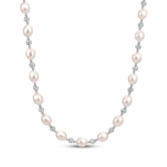Cultured Pearl & Diamond-Cut Bead Necklace Sterling Silver 18"