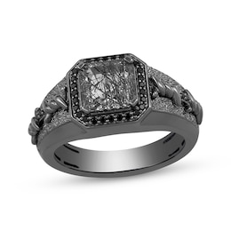 Ink & Ice Octagon-Cut Rutilated Black Quartz & Diamond Ring 1/6 ct tw Black Rhodium-Plated Sterling Silver