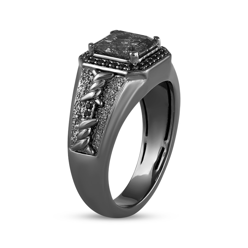 Main Image 2 of Ink & Ice Octagon-Cut Rutilated Black Quartz & Diamond Ring 1/6 ct tw Black Rhodium-Plated Sterling Silver