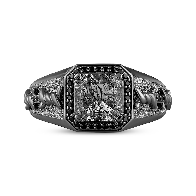 Main Image 4 of Ink & Ice Octagon-Cut Rutilated Black Quartz & Diamond Ring 1/6 ct tw Black Rhodium-Plated Sterling Silver