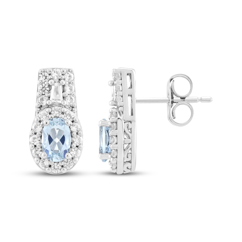 Main Image 3 of Oval-Cut Aquamarine & White Lab-Created Sapphire Drop Earrings Sterling Silver