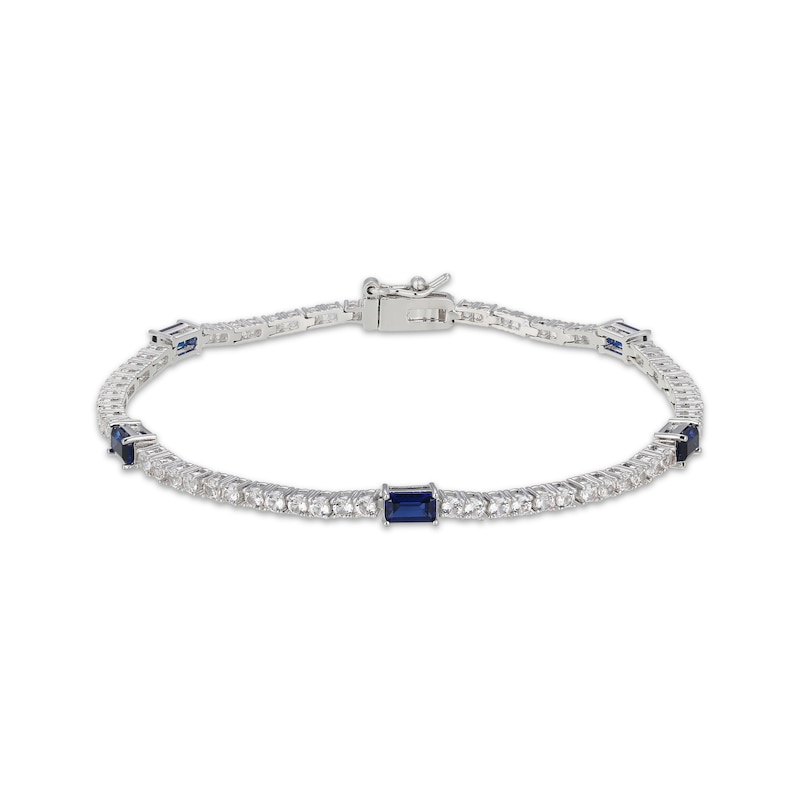 Main Image 1 of Emerald-Cut Blue Lab-Created Sapphire & White Lab-Created Sapphire Station Bracelet Sterling Silver 7.25"