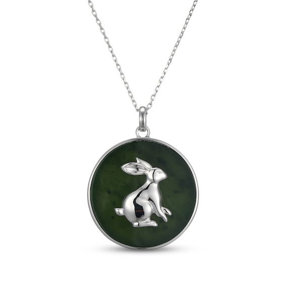 Nephrite Jade Year of the Rabbit Chinese Zodiac Necklace Sterling Silver 18"