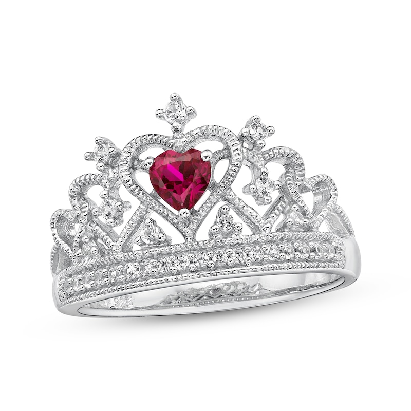 Main Image 1 of Heart-Shaped Lab-Created Ruby & White Lab-Created Sapphire Tiara Ring Sterling Silver