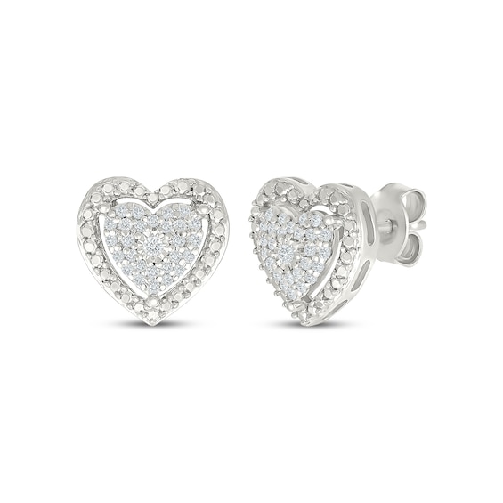 Multi-Diamond Beaded Frame Heart Stud Earrings 1/8 ct tw Sterling Silver