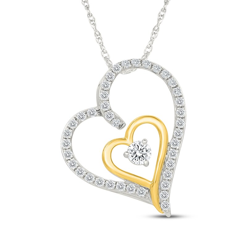 Main Image 1 of Diamond Tilted Double Heart Necklace 1/2 ct tw Sterling Silver & 10K Yellow Gold 18"