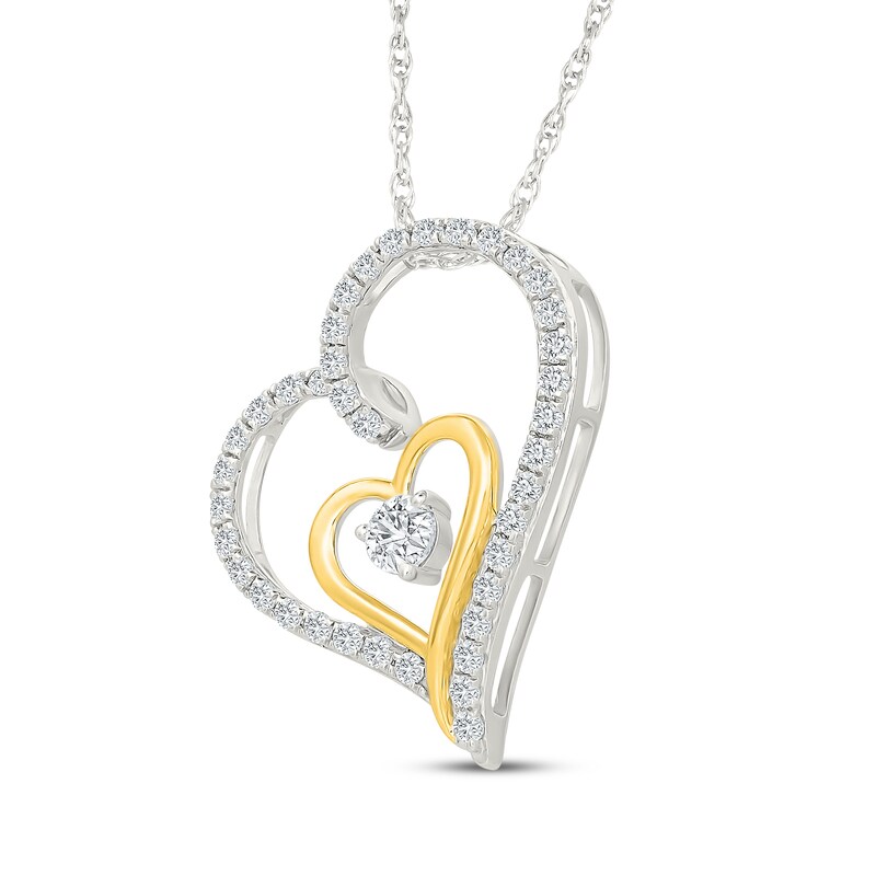 Main Image 2 of Diamond Tilted Double Heart Necklace 1/2 ct tw Sterling Silver & 10K Yellow Gold 18"