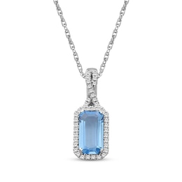 Emerald-Cut Swiss Blue Topaz & Diamond Necklace 1/10 ct tw 10K White Gold 18"