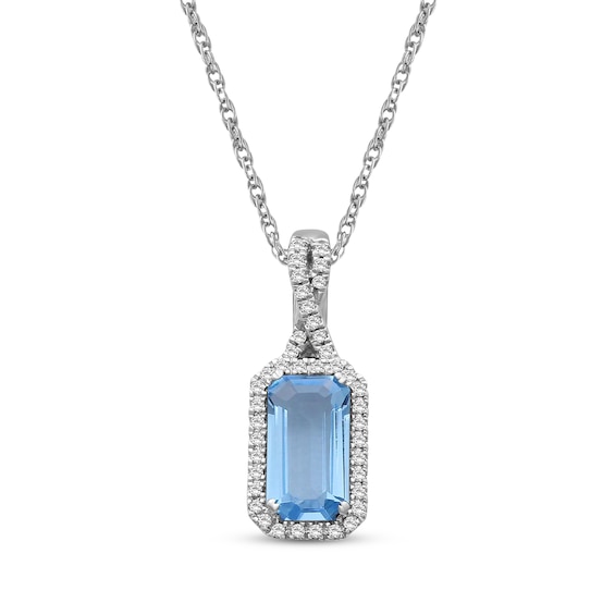Emerald-Cut Swiss Blue Topaz & Diamond Necklace 1/10 ct tw 10K White Gold 18"