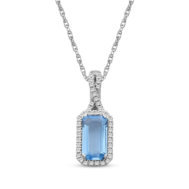 Main Image 1 of Emerald-Cut Swiss Blue Topaz & Diamond Necklace 1/10 ct tw 10K White Gold 18"