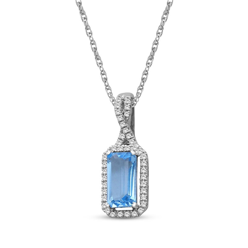 Main Image 2 of Emerald-Cut Swiss Blue Topaz & Diamond Necklace 1/10 ct tw 10K White Gold 18"