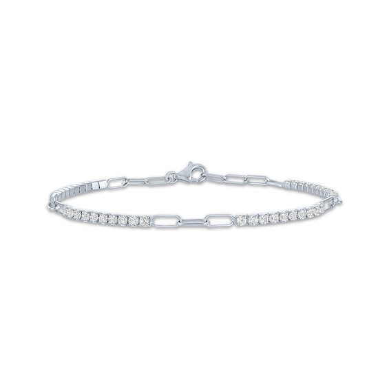 White Lab-Created Sapphire Line & Paperclip Link Bracelet Sterling Silver 7.5"