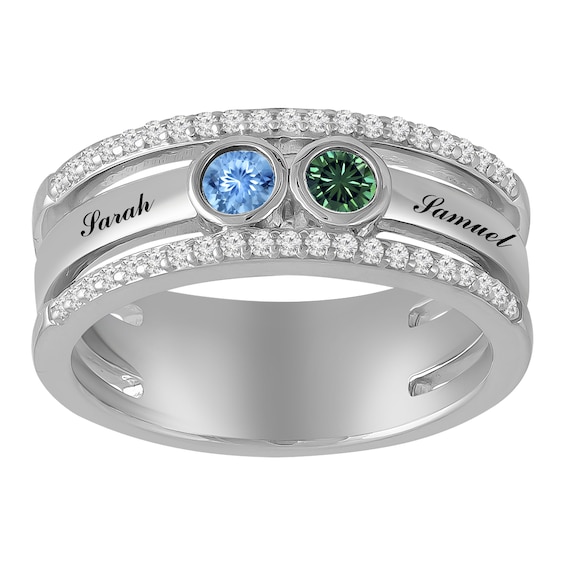 Birthstone Double Band Couple's Ring (2 Stones and Lines)
