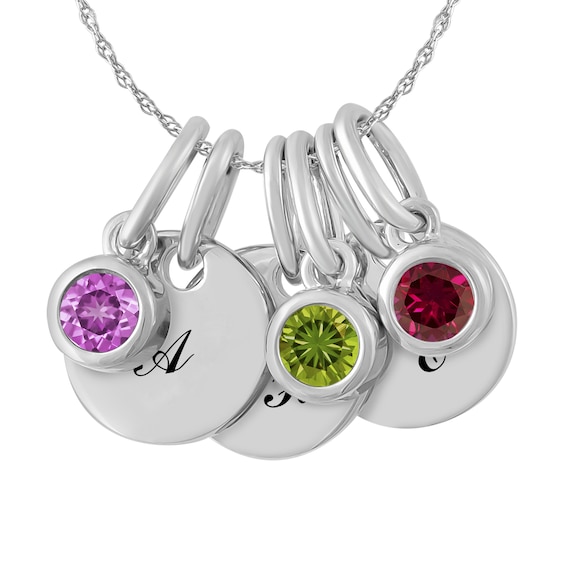 Round Bezel-Set Birthstone Family & Mother's Charm Disc Necklace (1-3 Stones and Lines)