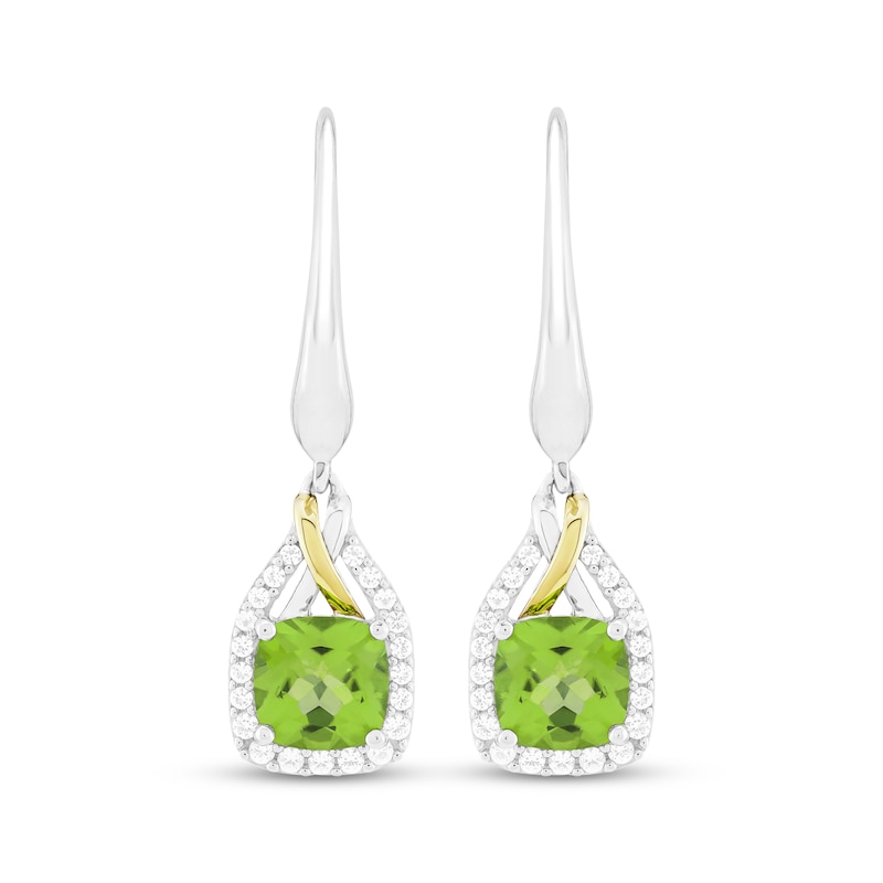 Main Image 2 of Cushion-Cut Peridot & White Lab-Created Sapphire Drop Earrings Sterling Silver & 10K Yellow Gold