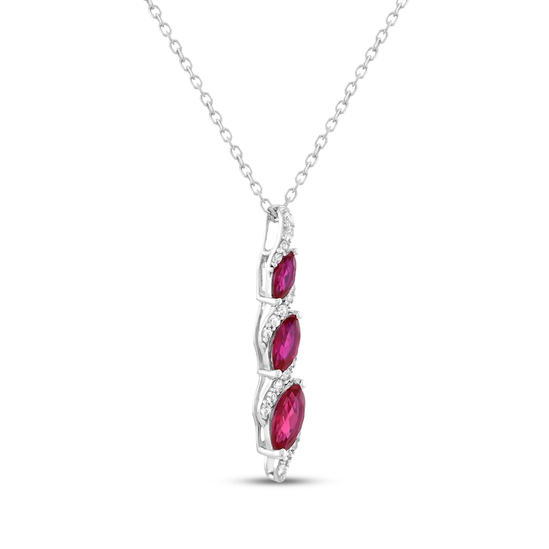 Main Image 2 of Marquise-Cut Lab-Created Ruby & White Lab-Created Sapphire Graduated Three-Stone Drop Necklace Sterling Silver