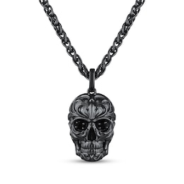 Ink & Ice Black Onyx Skull Necklace Black Rhodium-Plated Sterling Silver 22"