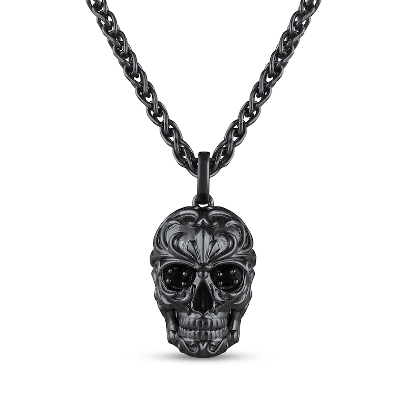 Main Image 1 of Ink & Ice Black Onyx Skull Necklace Black Rhodium-Plated Sterling Silver 22"