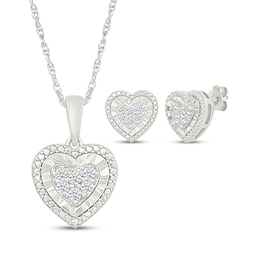 Multi-Diamond Heart Necklace & Stud Earrings Set 1/4 ct tw Sterling Silver