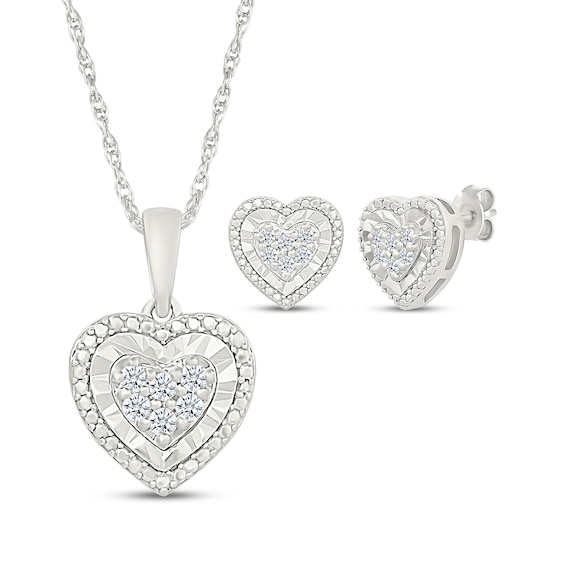 Multi-Diamond Heart Necklace & Stud Earrings Set 1/4 ct tw Sterling Silver