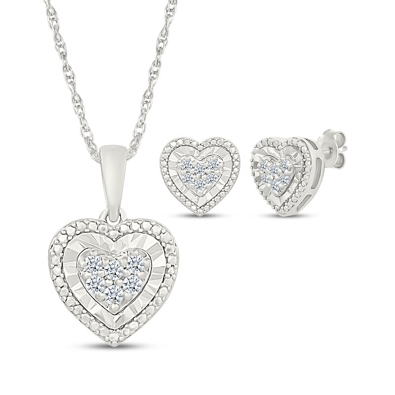 Main Image 1 of Multi-Diamond Heart Necklace & Stud Earrings Set 1/4 ct tw Sterling Silver