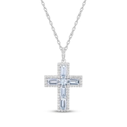 Baguette-Cut Aquamarine & White Topaz Cross Necklace Sterling Silver 18"