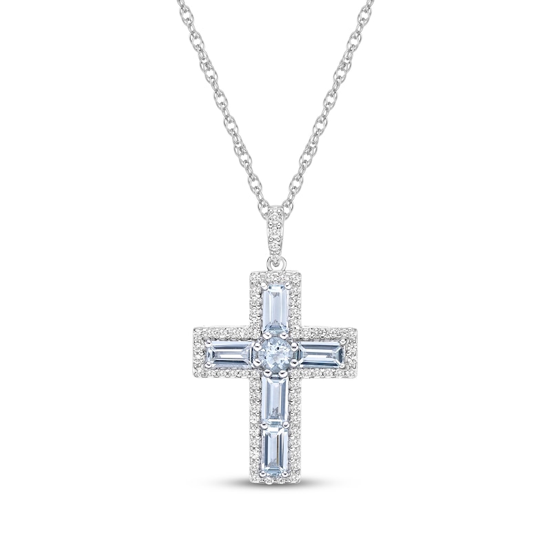 Main Image 1 of Baguette-Cut Aquamarine & White Topaz Cross Necklace Sterling Silver 18"