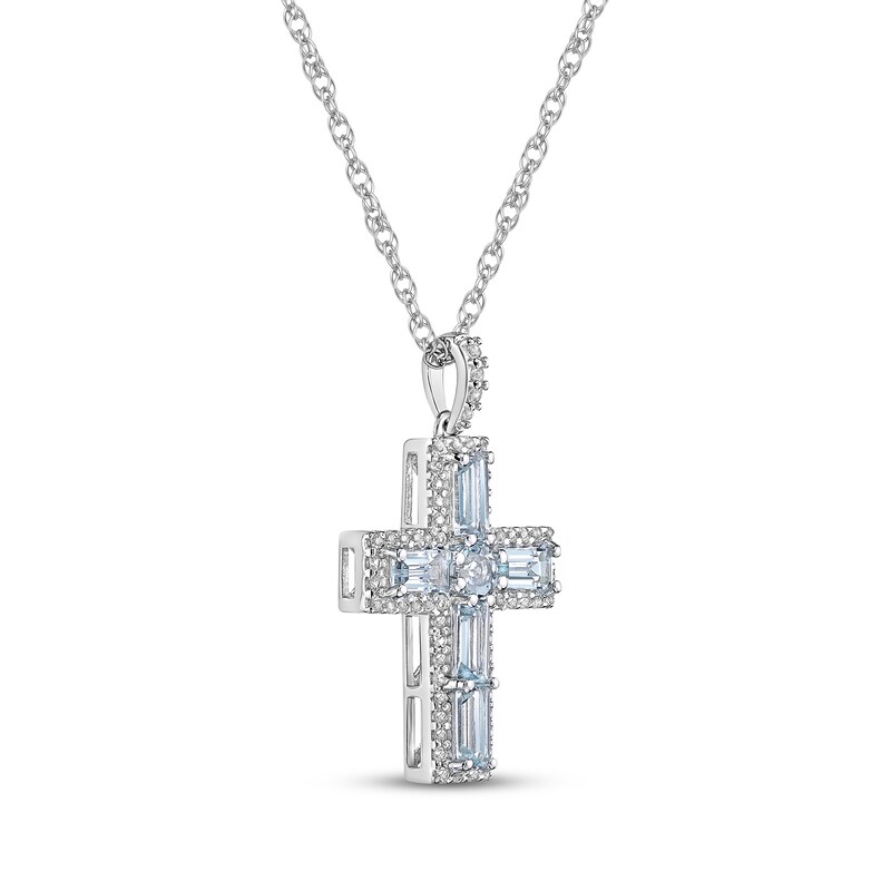 Main Image 2 of Baguette-Cut Aquamarine & White Topaz Cross Necklace Sterling Silver 18"