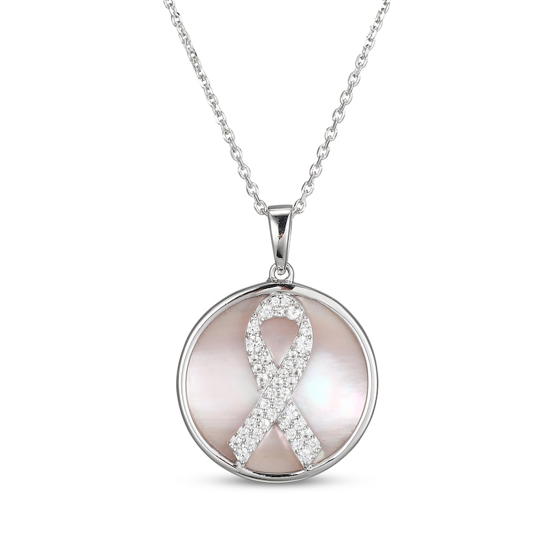 Main Image 1 of Pink Mother-of-Pearl & White Lab-Created Sapphire Ribbon Necklace Sterling Silver 18"
