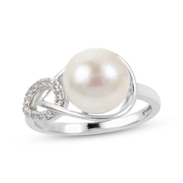 Button Cultured Pearl & White Topaz Loop Ring Sterling Silver