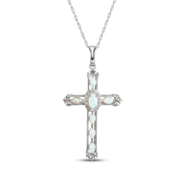 Lab-Created Opal & White Lab-Created Sapphire Cross Necklace Sterling Silver 18"