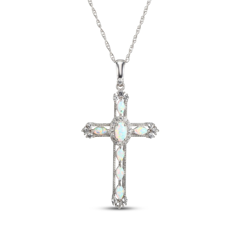 Main Image 1 of Lab-Created Opal & White Lab-Created Sapphire Cross Necklace Sterling Silver 18"