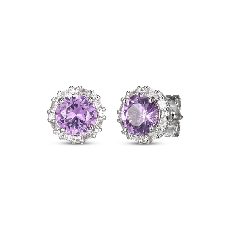 Main Image 1 of Amethyst & White Lab-Created Sapphire Halo Stud Earrings Sterling Silver