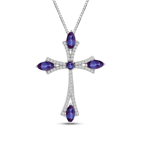 Marquise-Cut Lab-Created Alexandrite & White Lab-Created Sapphire Cross Necklace Sterling Silver 18"