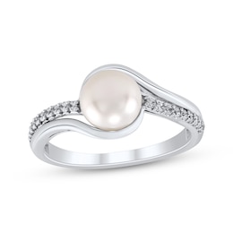 Button Cultured Pearl & White Lab-Created Sapphire Ring Sterling Silver