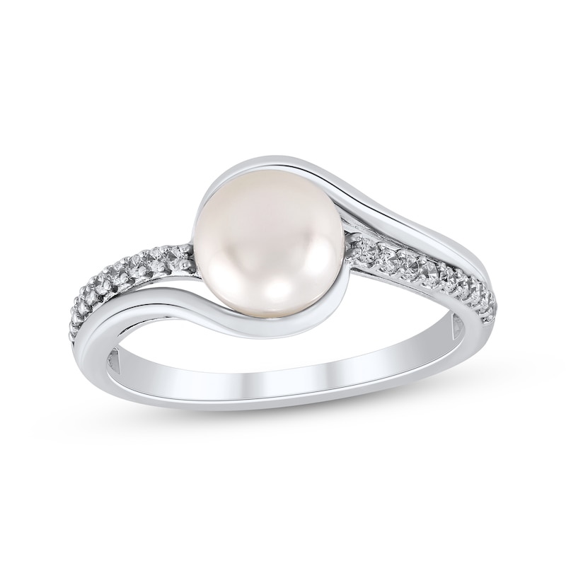 Main Image 1 of Button Cultured Pearl & White Lab-Created Sapphire Ring Sterling Silver